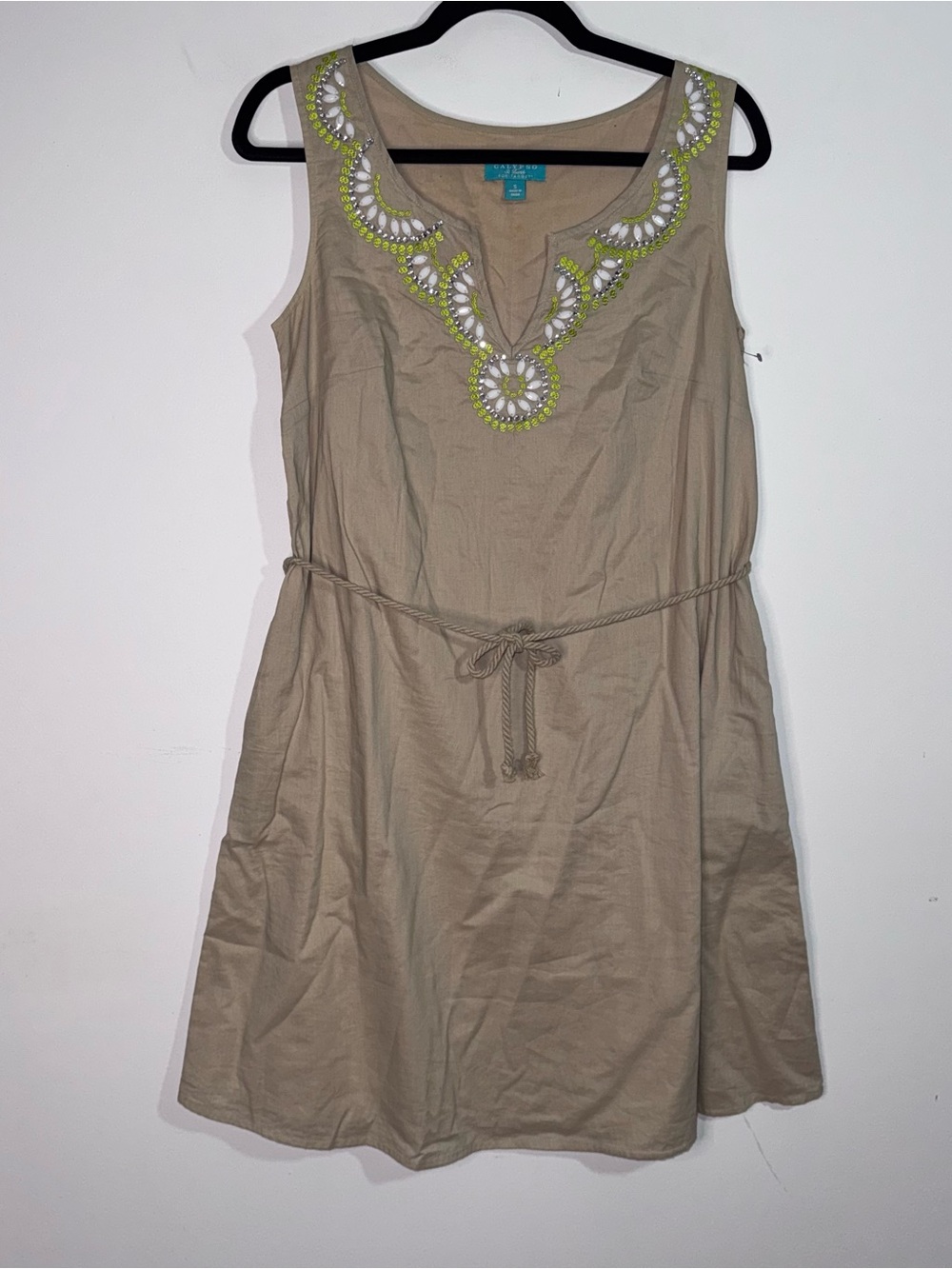 Calypso St. Barth for Target Boho Embellished Cotton Dress Rope Belt Tan Sz S